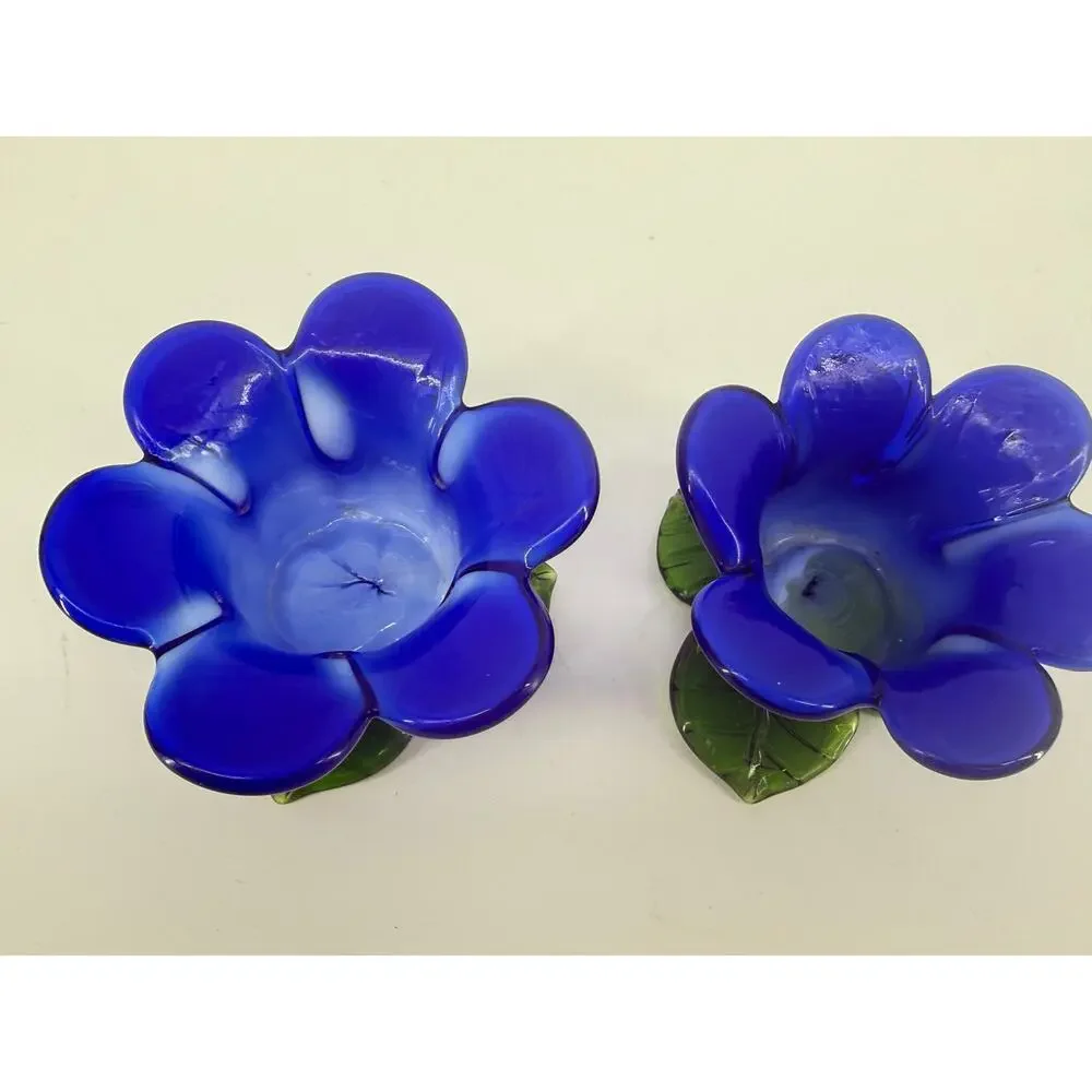 Vintage Cobalt Blue Glass Flower Candle Holders Green Leaf Boho Decor Set of 2